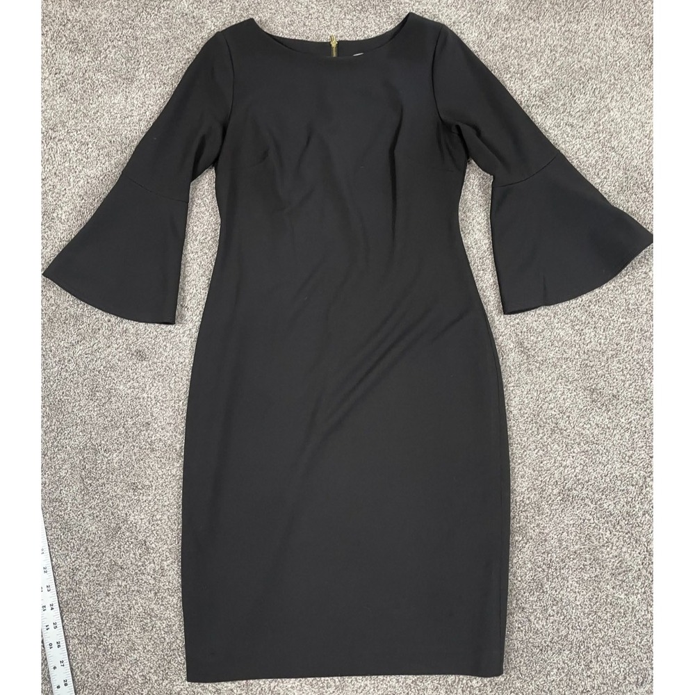 Calvin Klein Dress Womens 8 Black Sheath Pencil Bell Sleeve LBD Event Party Chic